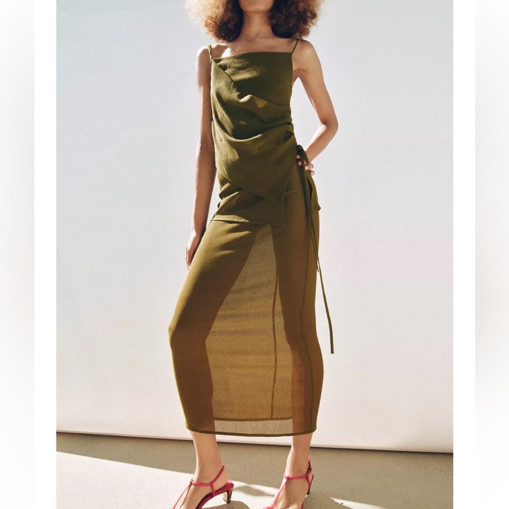 Zara Olive Green Draped Midi Skirt and matching tank top SET